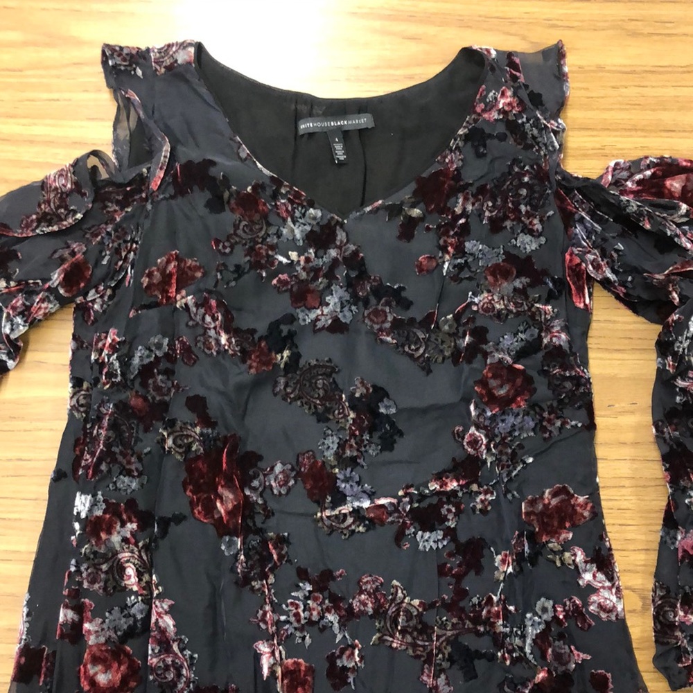 White House Black Market crushed velvet cold shoulder blouse.